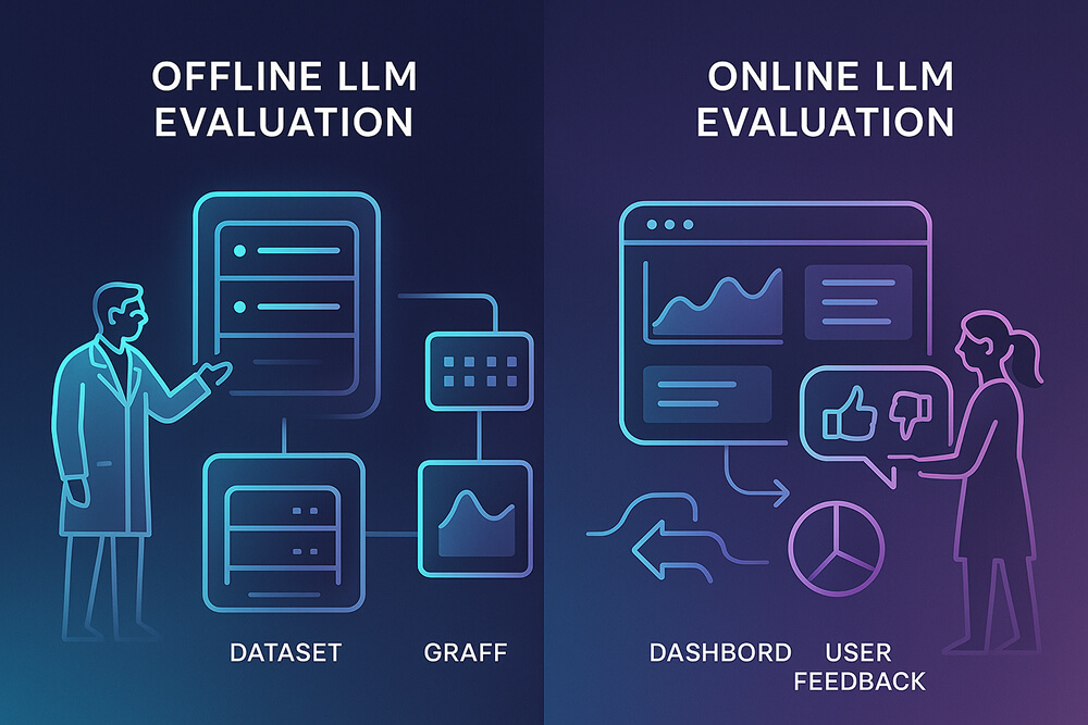 Difference between online and offline LLM evaluation